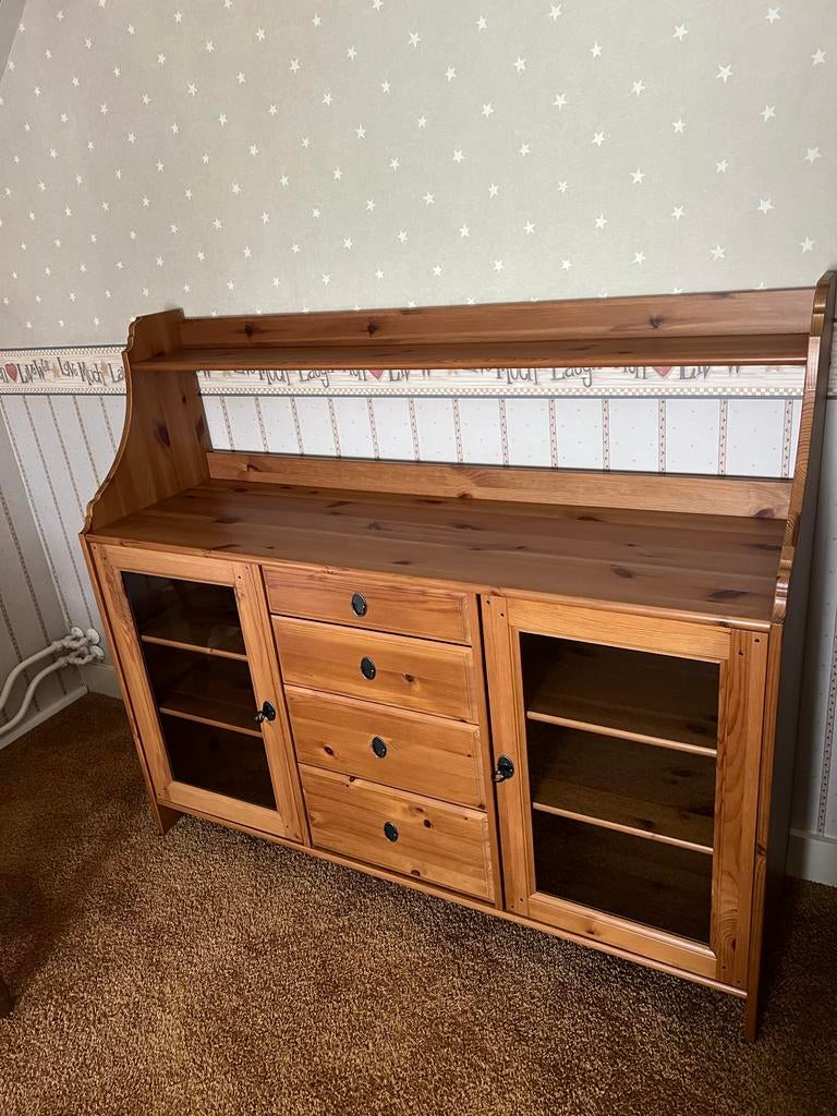 Houten dressoir met vitrinekasten en lades commode sideboard