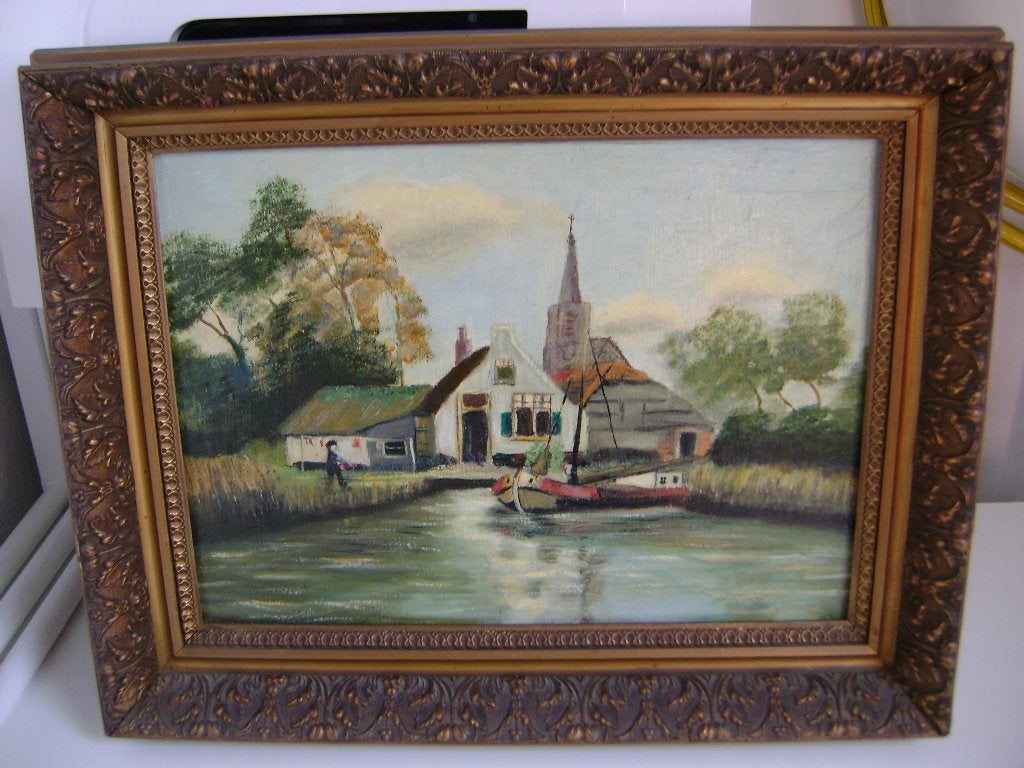 Schilderij kerk huis boot op linnen en vergulde lijst, Ophalen of Verzenden, Landschap, Doek
