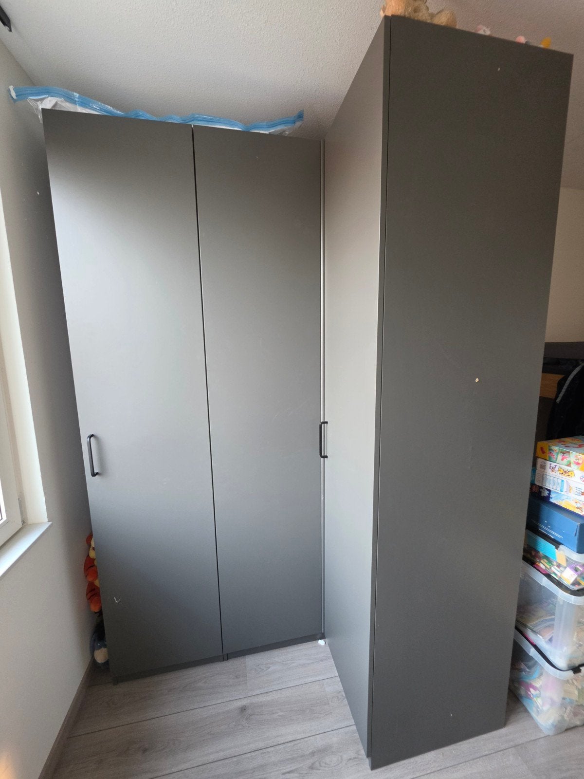 IKEA PAX hoekkast met KOMPLEMENT kledingkast donkergrijs, Gebruikt, 200 cm of meer, 50 tot 100 cm, Overige houtsoorten
