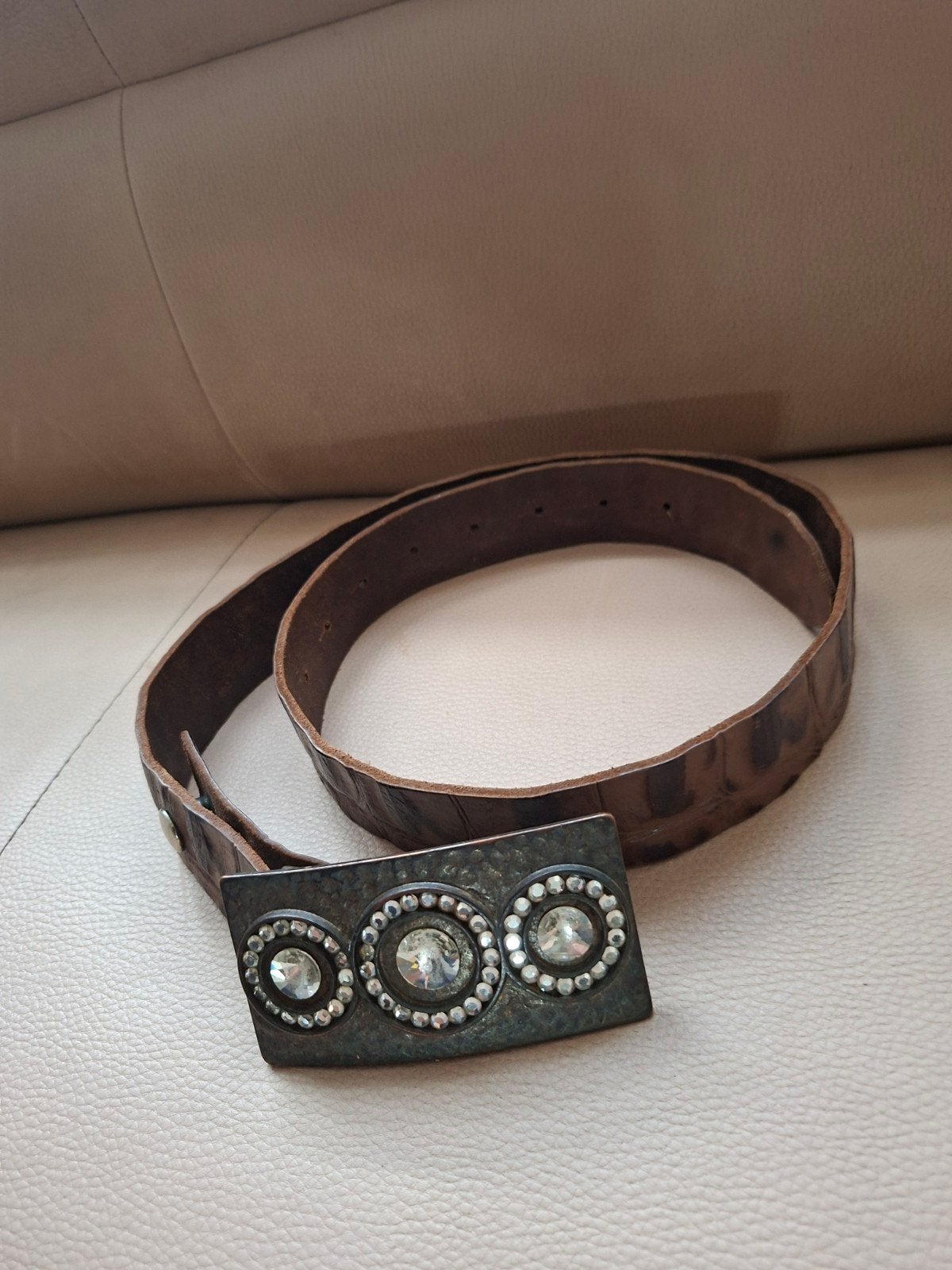 Leren riem slangenprint groffe structuur., Kleding | Dames, Riemen en Ceinturen, Ophalen of Verzenden, Zo goed als nieuw, Bruin