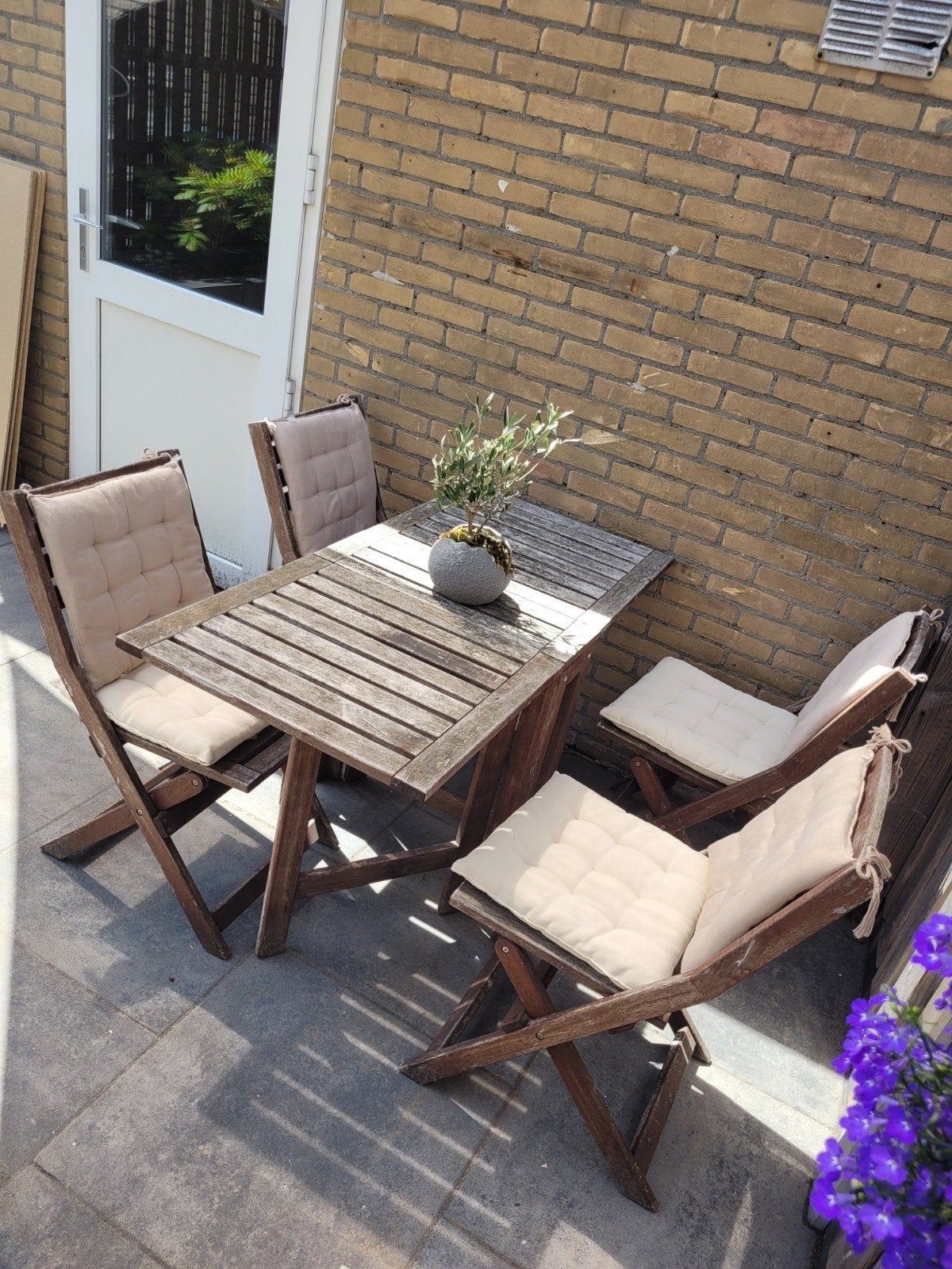 Ikea houten tuinset - inklapbaar, mist 1 kussen, Tuin en Terras, Tuinsets en Loungesets, Ophalen, 4 zitplaatsen, Gebruikt, Hardhout