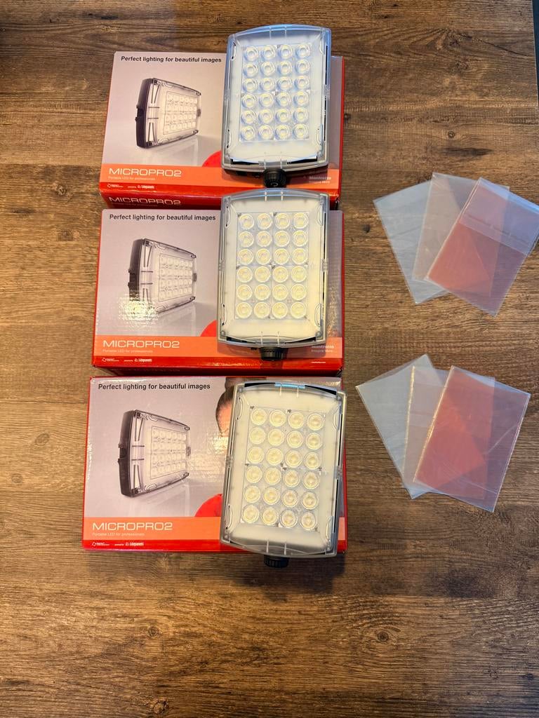 3x Manfrotto Micropro2 LED lampen + kleurenfilters, Ophalen of Verzenden, Zo goed als nieuw, Lamp of Flitsset