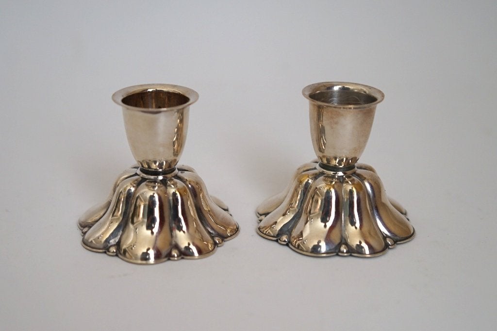 vintage verzilverde 2x kandelaar Denmark gelobde klokvoet, Overige materialen, Gebruikt, Overige merken, Ophalen of Verzenden