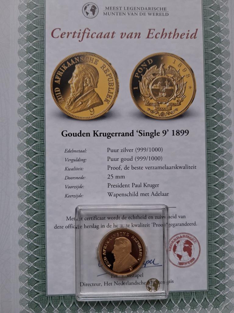 Gouden Krugerrand 'Single 9' 1899 met Certificaat, Vóór koninkrijk, Losse munt, Zilver, Overige waardes