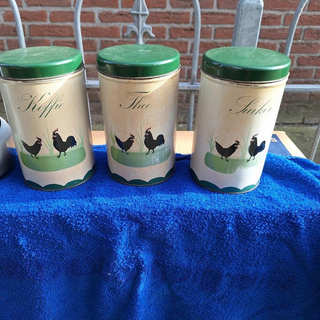 Set van 3 vintage voorraadblikken: Koffie, Thee, Suiker, Verzamelen, Blikken, Ophalen of Verzenden, Gebruikt, Koffie, Overige merken