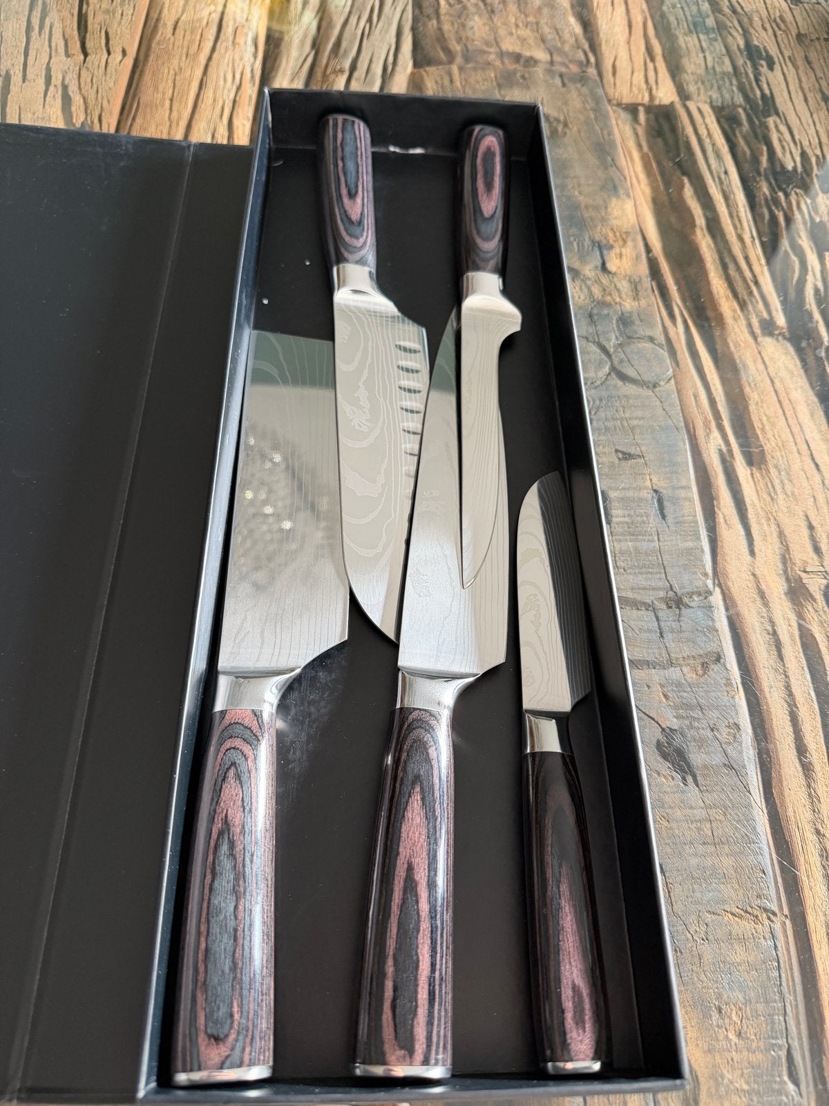 Luxe Japanse Messenset - Damascus look & Pakkahout, Overige typen, Verzenden, Nieuw, Metaal