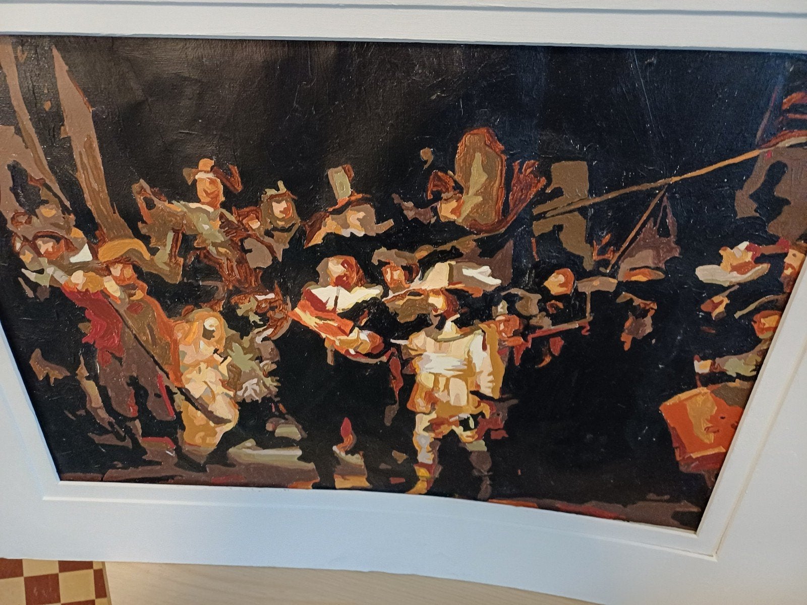 De Nachtwacht - Geschilderde reproductie, Acrylverf, Nederlandse school, Doek, Portret of Personen
