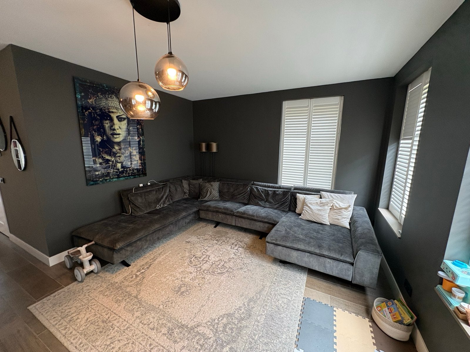 Royale design hoekbank – velours donkergroen – incl. kussens, Ophalen, Gebruikt, 100 tot 125 cm, Hoekbank