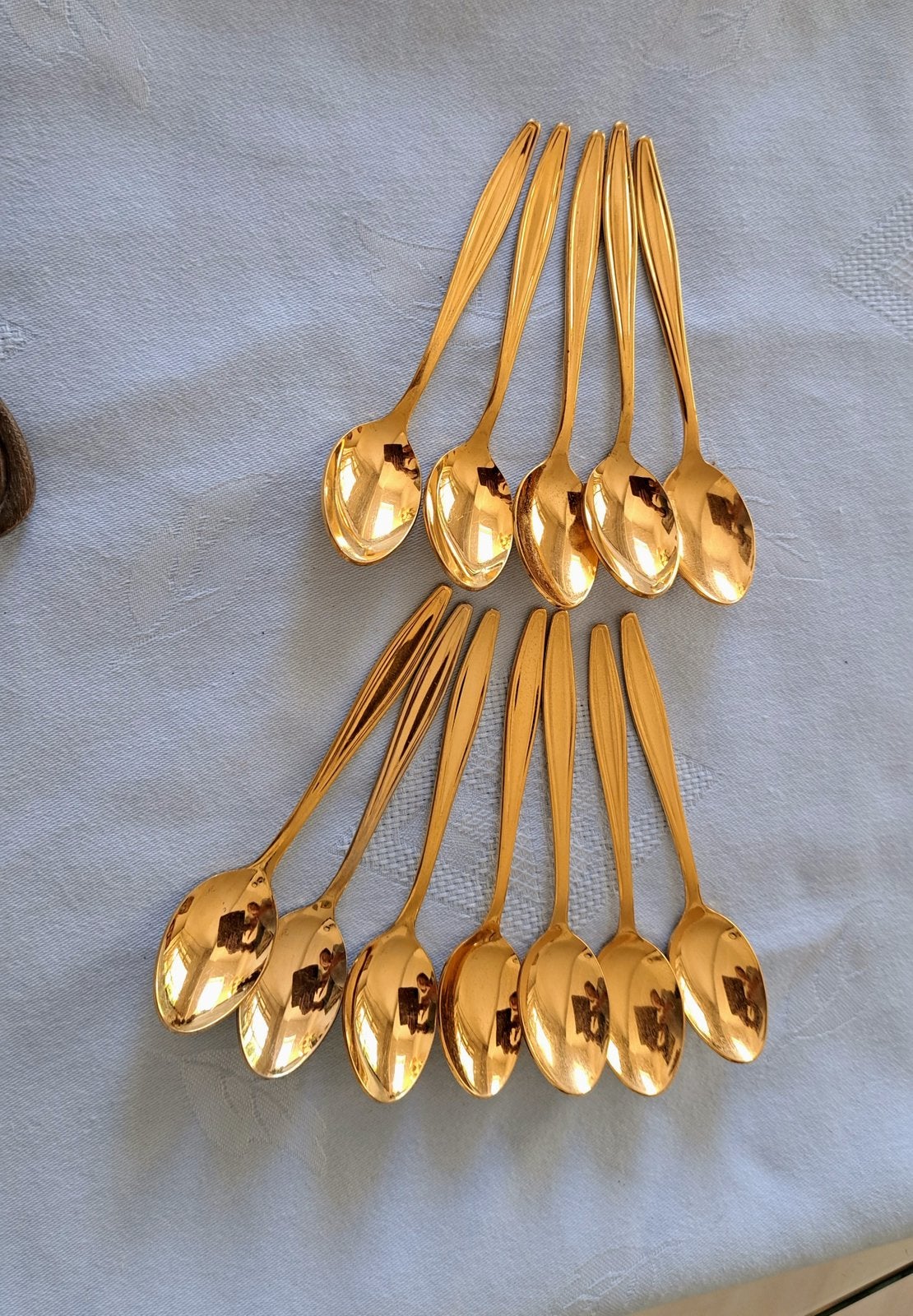 12 lepeltjes , merk Krone , plate goud met consolle voor 6, Ophalen of Verzenden