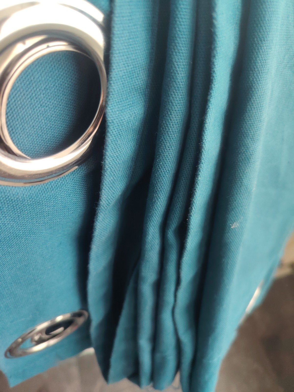 Turquoise gordijnen met ringen, Huis en Inrichting, Ophalen, Gebruikt, Blauw, Lichtdoorlatend