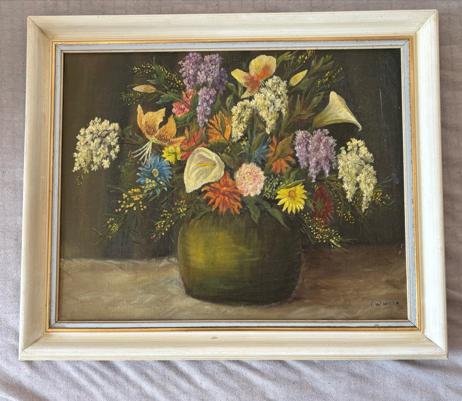 Vintage bloemstilleven – olieverf op doek – jaren 40/50, Antiek en Kunst, Ophalen