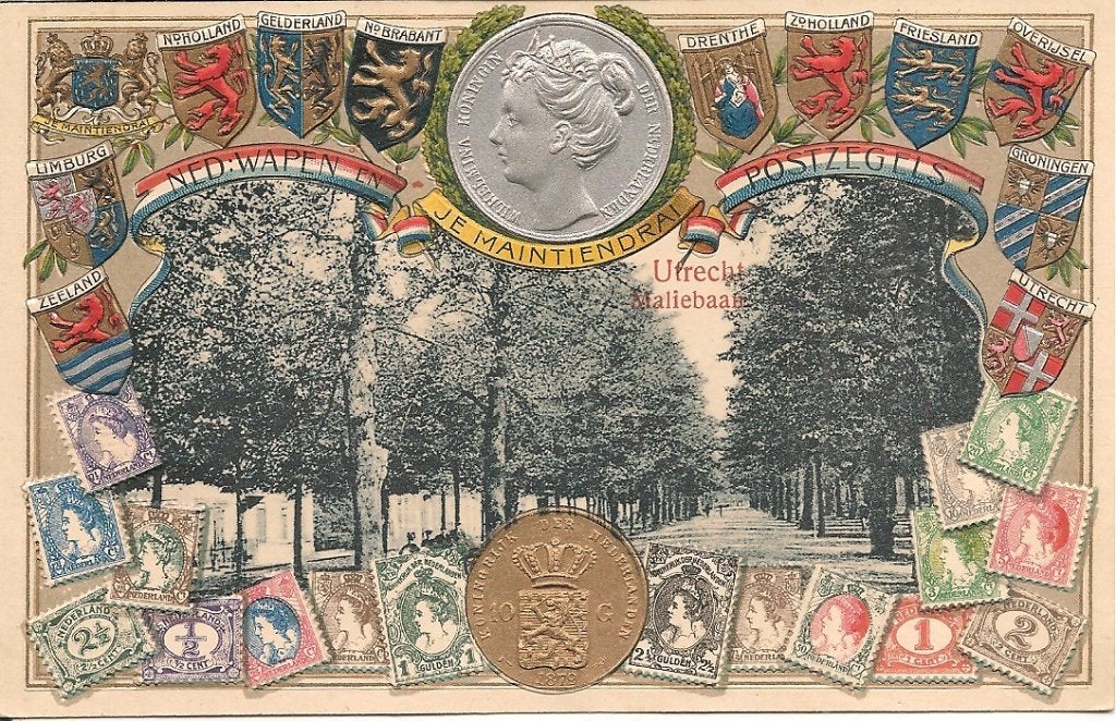 Oude briefkaart Utrecht Maliebaan met wapens en postzegels, Ophalen of Verzenden, Voor 1920, Ongelopen, Utrecht