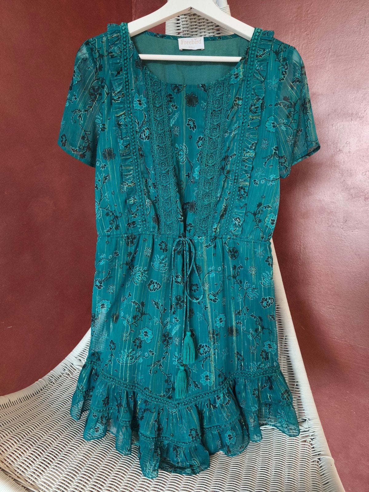 Freebird - Jurk zeegroen met mooie details - mt s, Verzenden, Zo goed als nieuw, Freebird, Maat 36 (S)