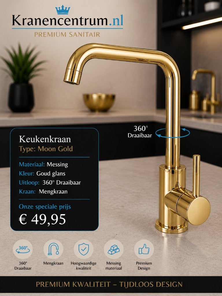 Keukenkraan GOUD Glans type: Moon Wastafel Mengkraan, Ophalen of Verzenden, Nieuw, Rvs, Kraan