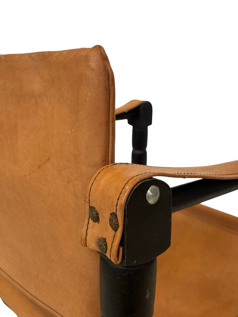 Vintage Safari fauteuil leer en hout jaren 60 design, Huis en Inrichting, Gebruikt, Vintage, 50 tot 75 cm, Vintage