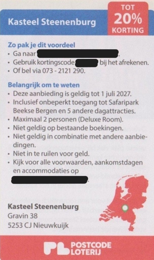 Kasteel Steenenburg. Nieuwkuijk. 20% korting. Postcode bon., Twee personen, 3 overnachtingen of meer