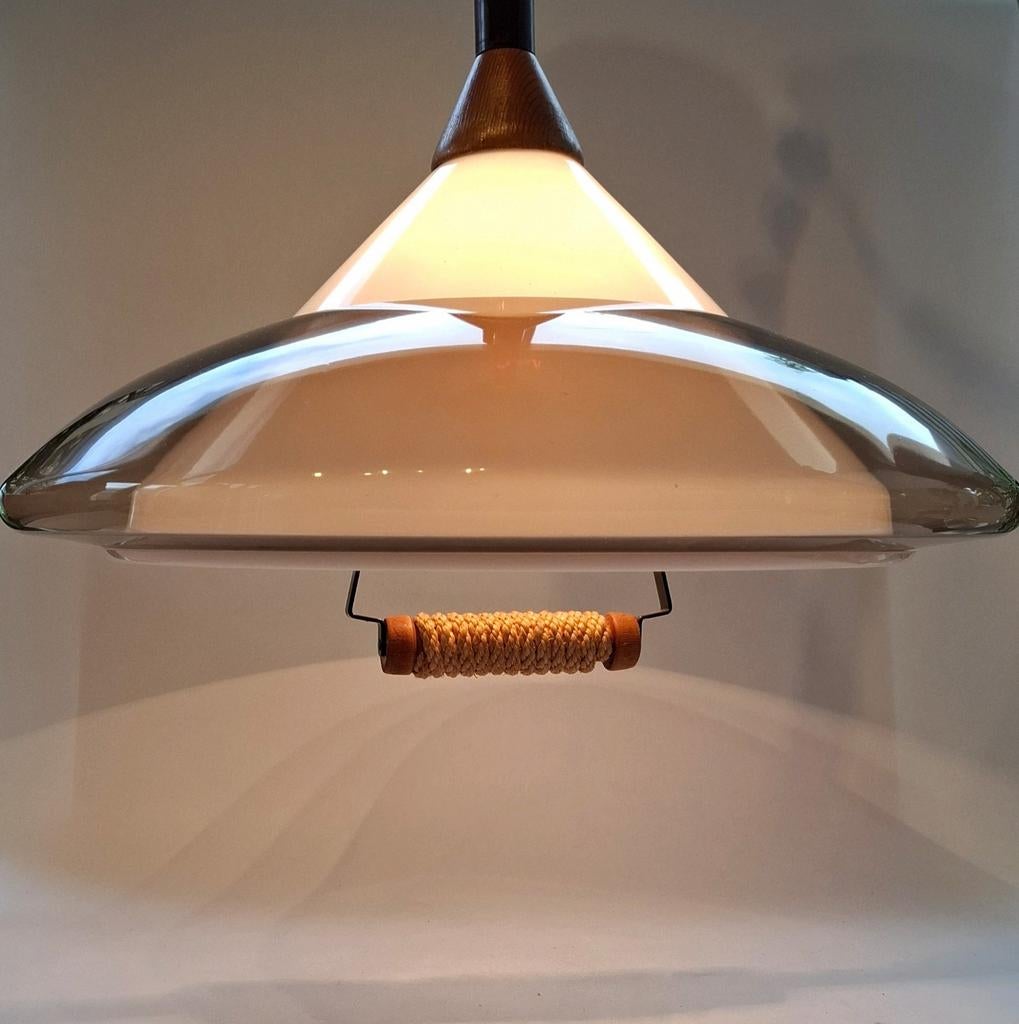 Vintage Dijkstra Trekpendel Hanglamp, Huis en Inrichting, Lampen | Hanglampen, Ophalen, Zo goed als nieuw, Hout, 50 tot 75 cm