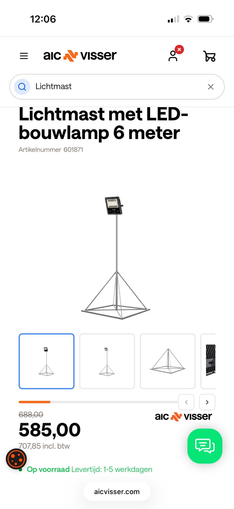 Lichtmast met LED-bouwlamp 6 meter z.g.a.n., Ophalen, Gebruikt, Met statief, Lamp met armatuur