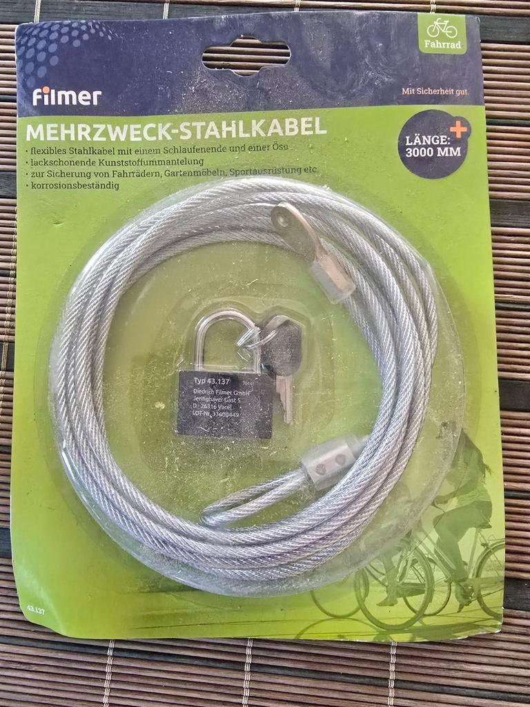 Filmer Meerzweck-Stahlkabel 3000mm met hangslot, Ophalen of Verzenden, Nieuw, Kabelslot