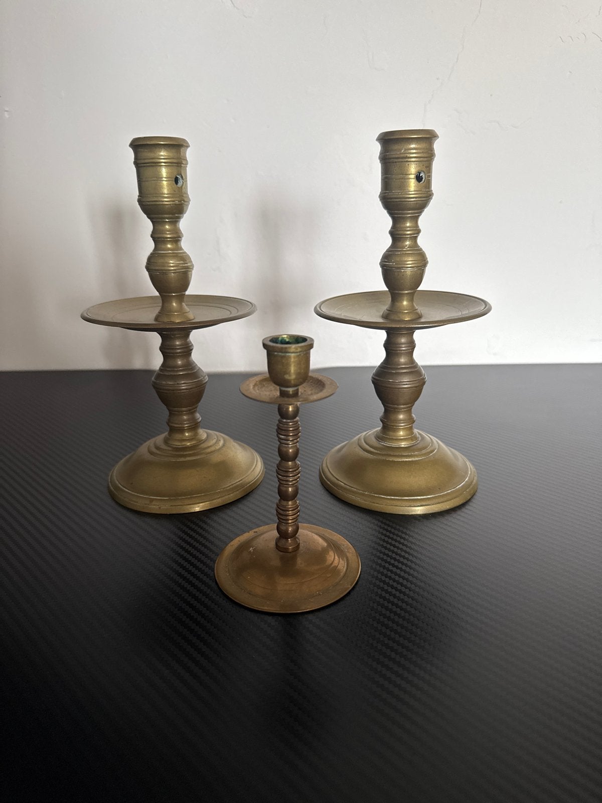 Set van 3 antieke koperen kandelaars, Antiek en Kunst, Antiek | Kandelaars, Ophalen of Verzenden, Koper of Brons