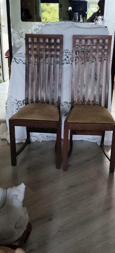 6 handgemaakte teakhouten eetkamerstoelen (Indonesië), Gebruikt, Bruin, Ophalen of Verzenden, Indonesisch design, Teakhout
