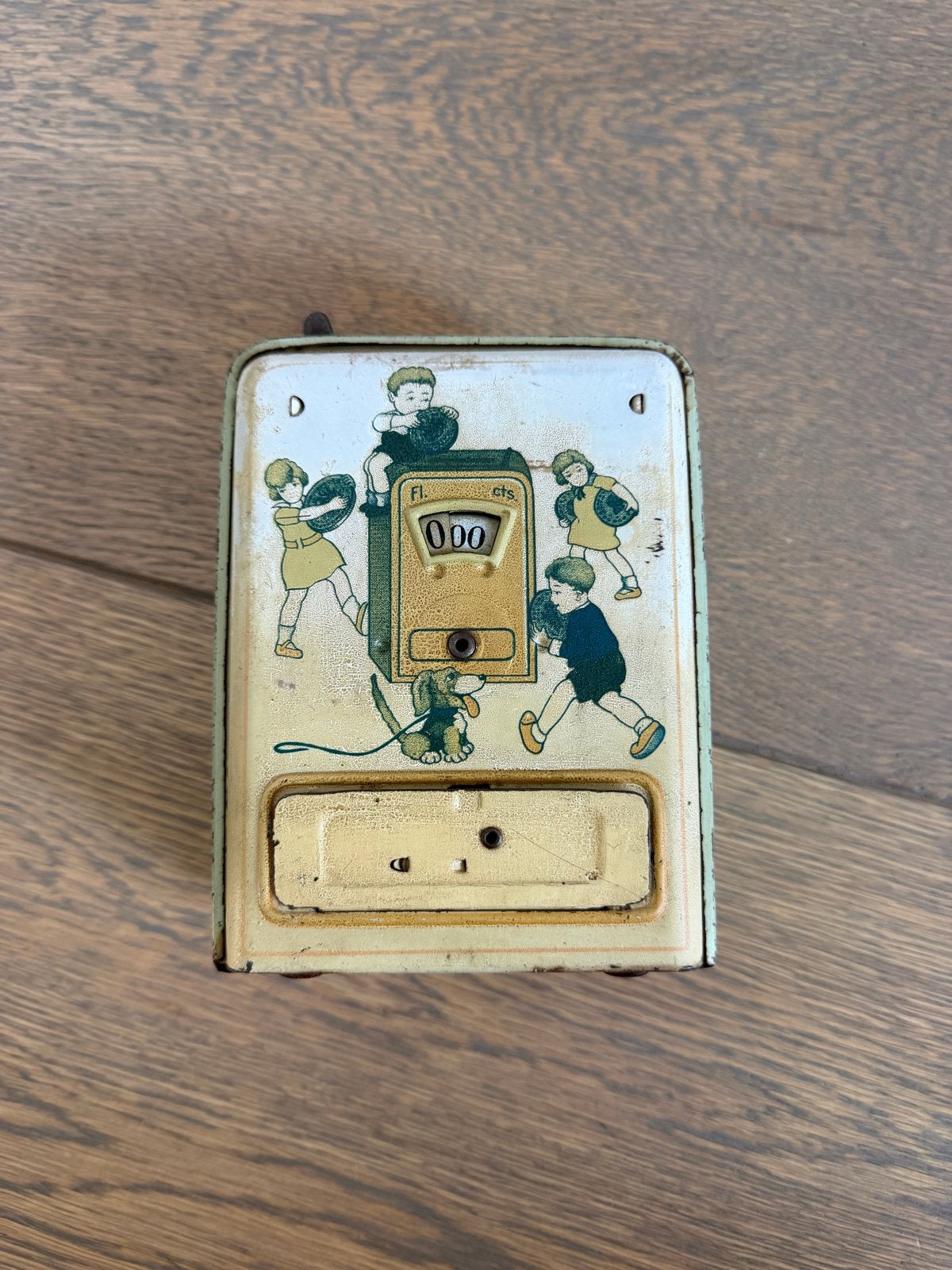 Vintage Mechanische Spaarpot Kassa - Gelithografeerd Blik, Ophalen of Verzenden, Gebruikt