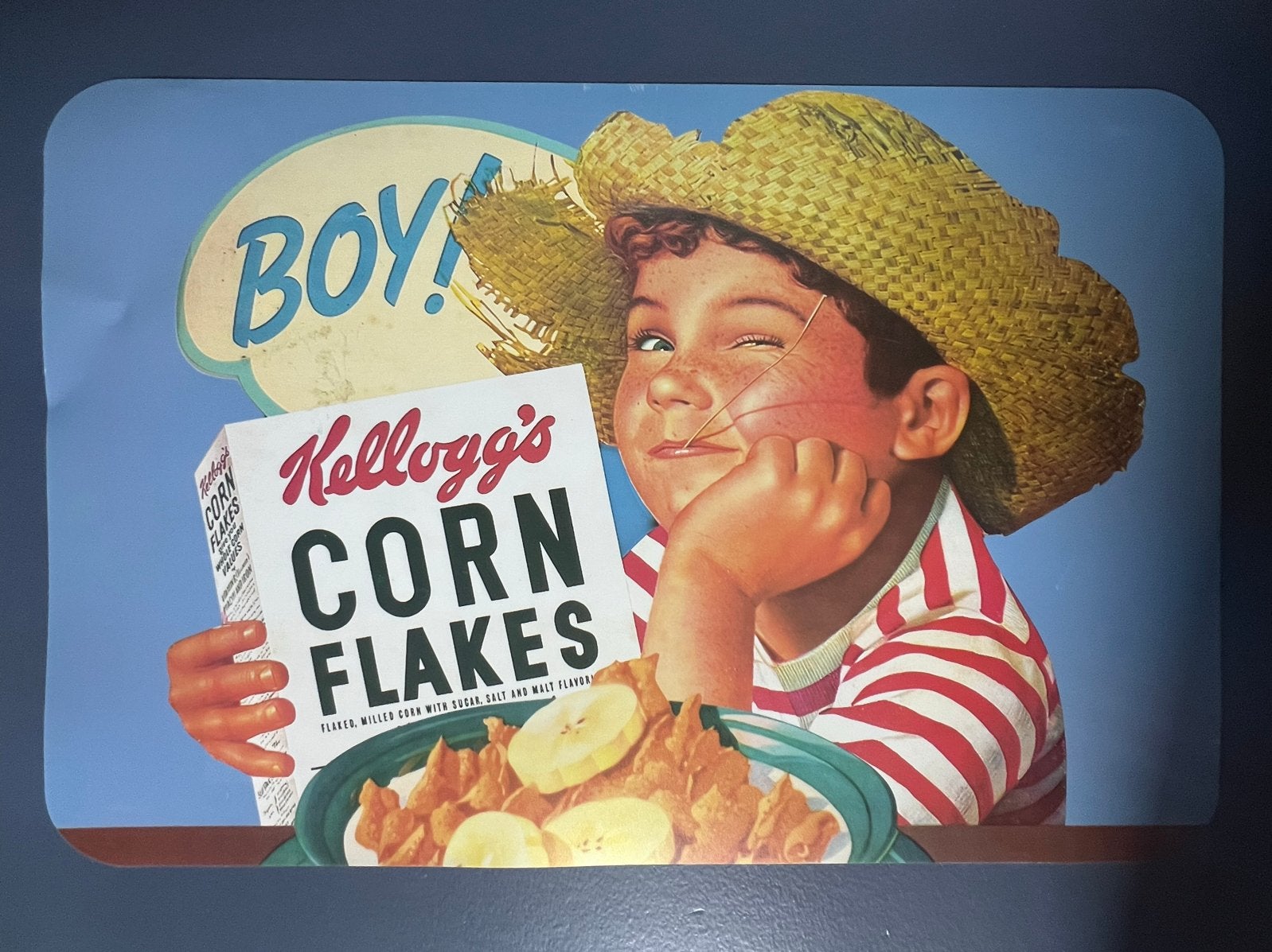 Vintage Kellogg's Corn Flakes Placemat - Jongen met strohoed, Vintage, Gebruikt, Meerkleurig, Kunststof