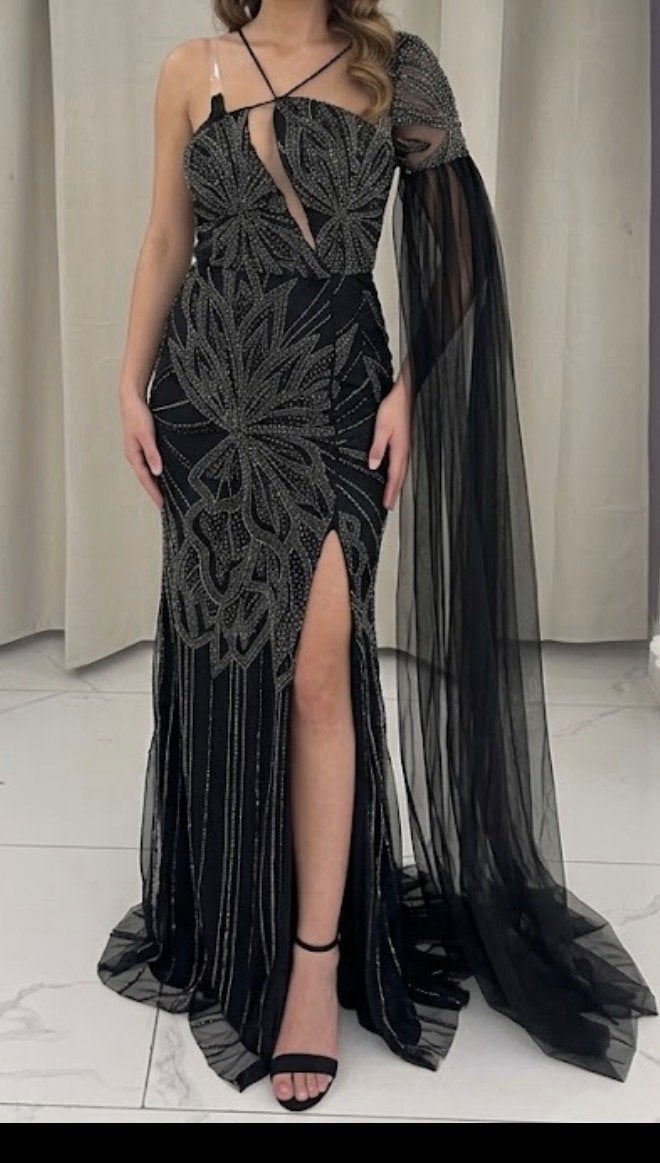 Prachtige Galajurk met Split en Glitterdetails - Maat L, Ophalen, Zwart, Maat 42/44 (L), Zo goed als nieuw