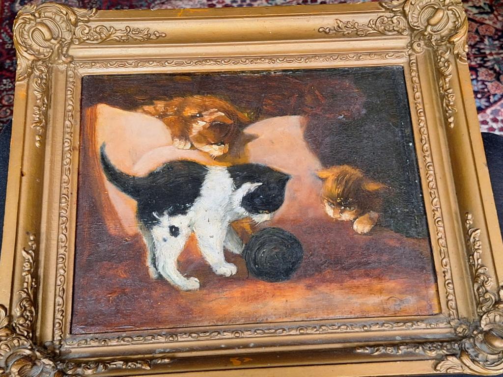 Schilderij: Spelende Poesjes met Monogram, Antiek en Kunst, Kunst | Schilderijen | Klassiek, Ophalen of Verzenden