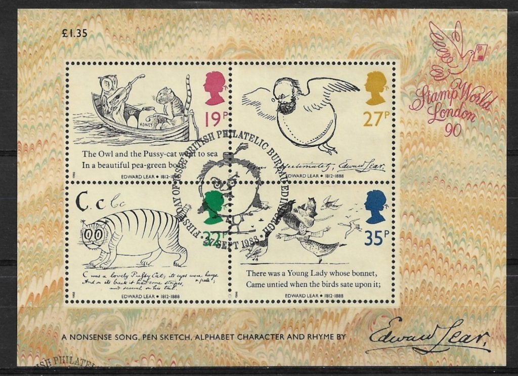 Engeland 1988 blok mi.4 literatuur schrijver EDWARD LEAR, Postzegels en Munten, Postzegels | Europa | UK, Verzenden, Gestempeld