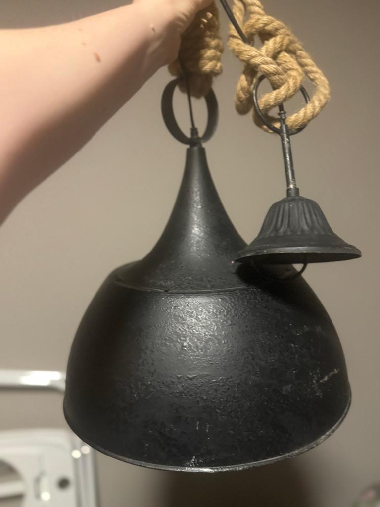 Industriële hanglamp met touw - Zwart metaal, Ophalen, Gebruikt, Metaal, 75 cm of meer