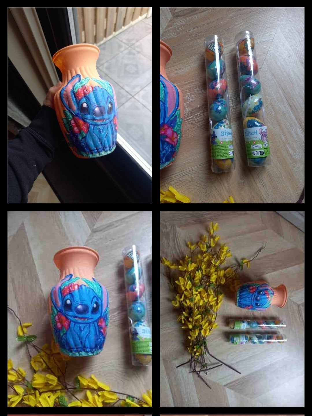 Stitch vaas met paasdecoratie en takken, Gebruikt, Meerkleurig, Inclusief decoratie, Ophalen of Verzenden