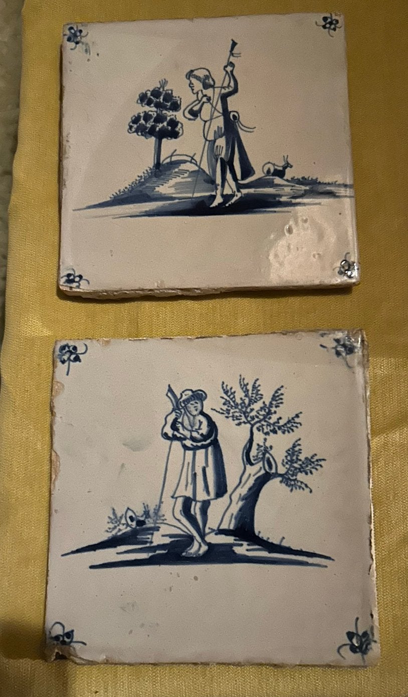 Set van 2 antieke Delfts blauwe tegels 18e eeuw (Herders), Ophalen of Verzenden