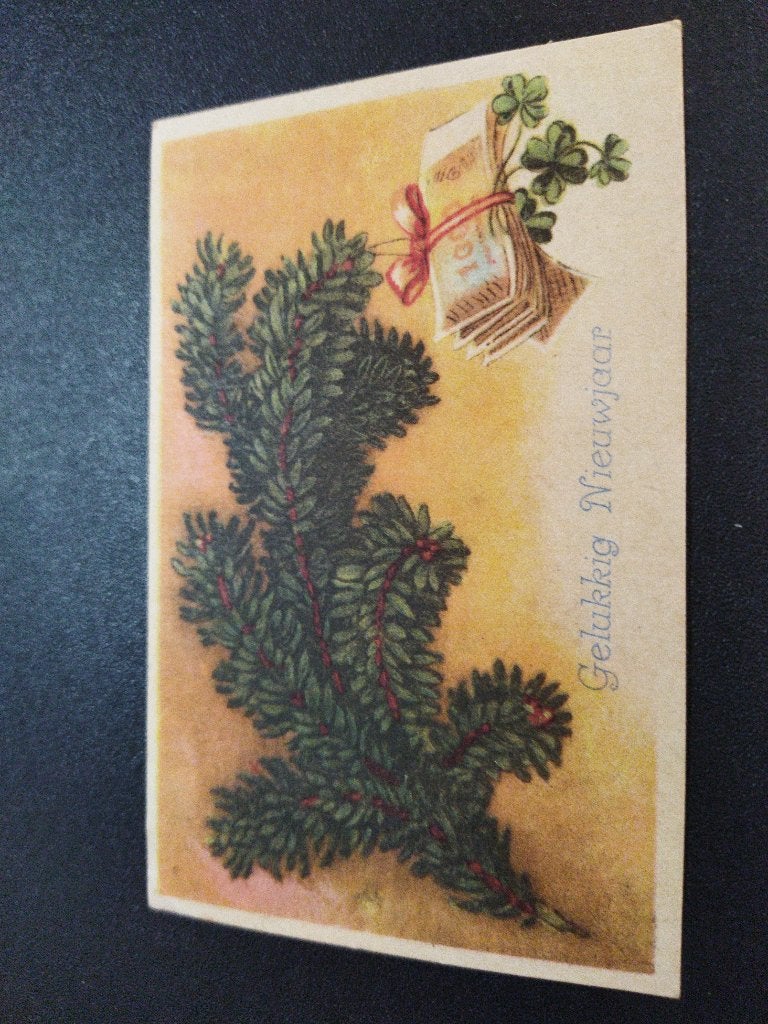 Vintage kaart Gelukkig Nieuwjaar dennentak bosje geld, Ophalen of Verzenden, 1940 tot 1960, Gelopen, Feest(dag)