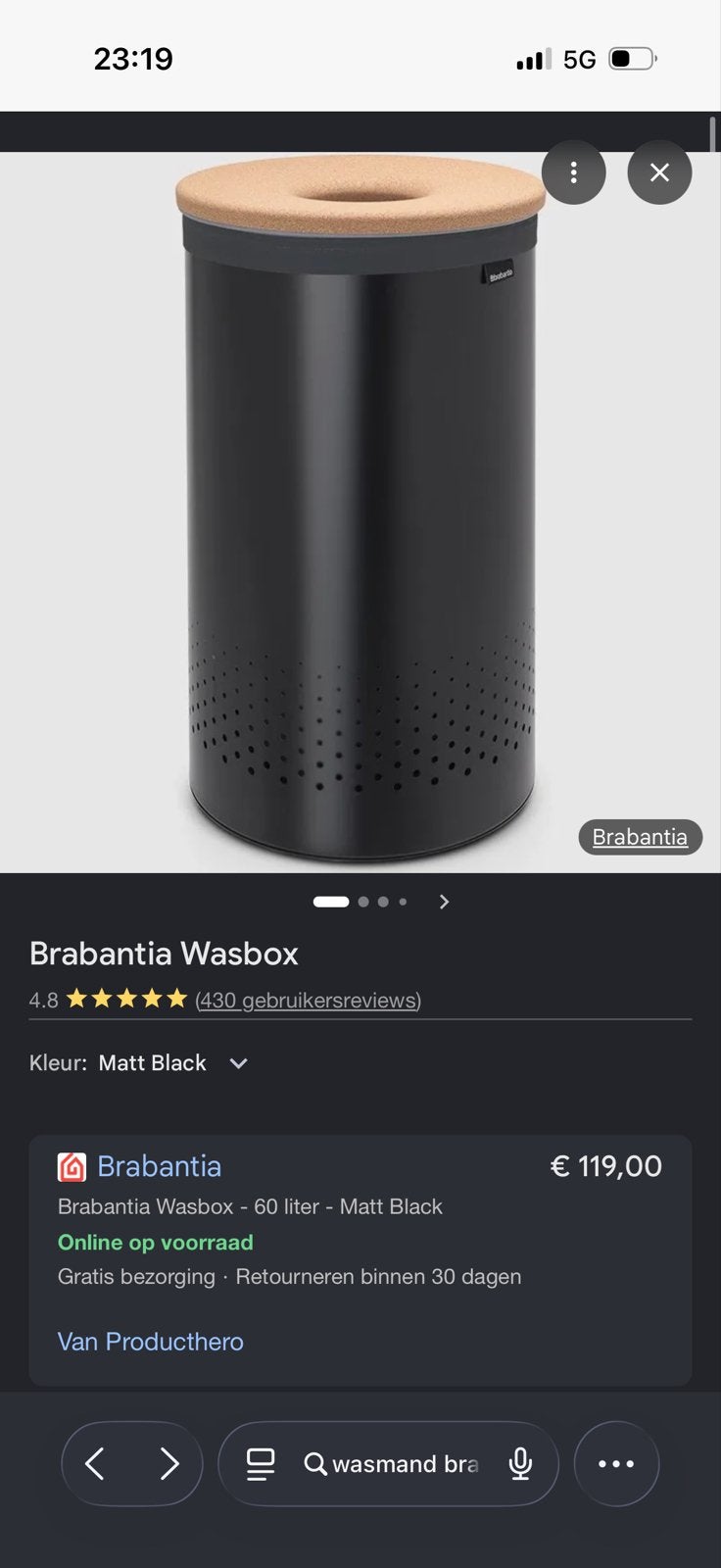 Brabantia Wasbox 60L - Matt Black met kurken deksel, Ophalen, 50 – 75, Nieuw, 40 liter of meer