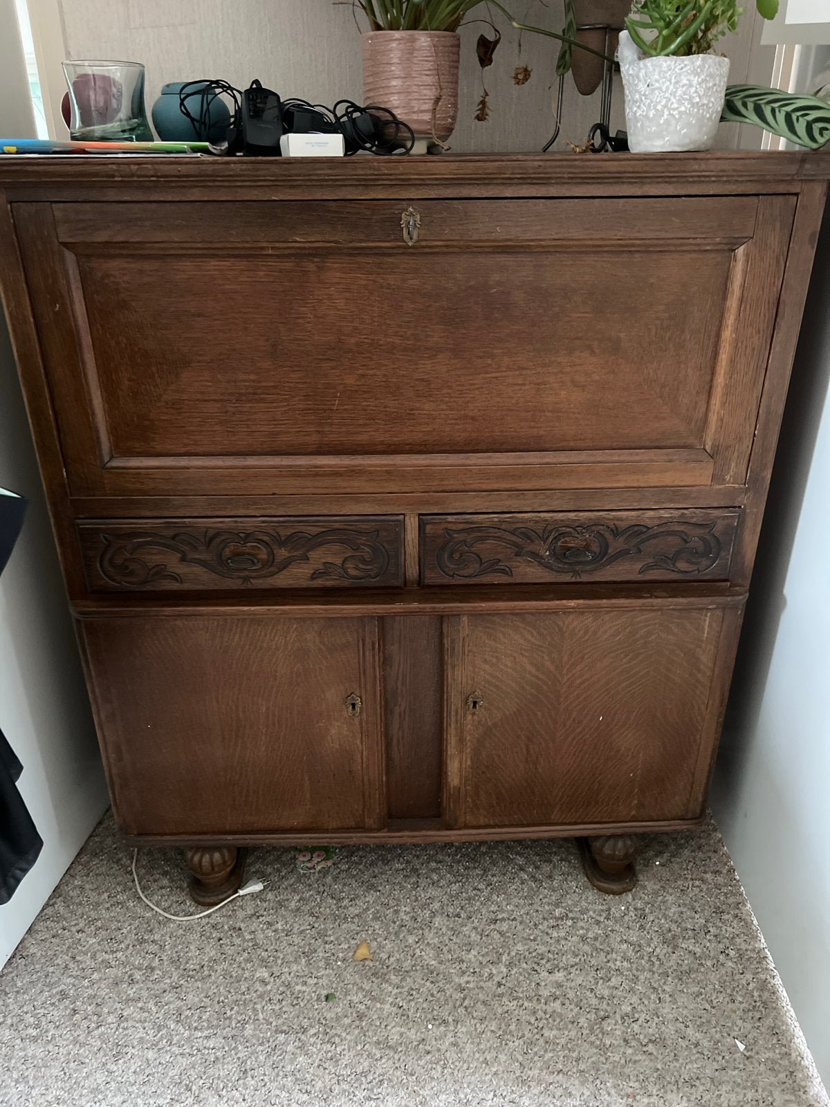 Antiek Houten Secretaire Bureau met Opbergruimte, Ophalen