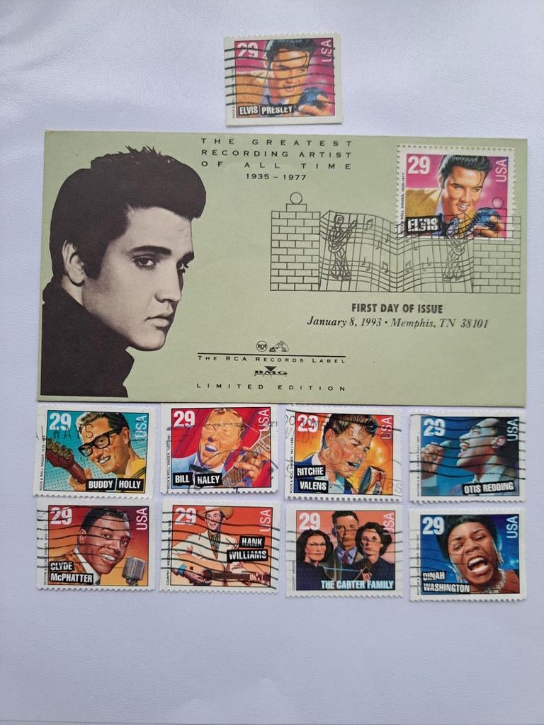 Elvis Presley en Muziek Legendes Postzegels Eerste Dag, Ophalen of Verzenden