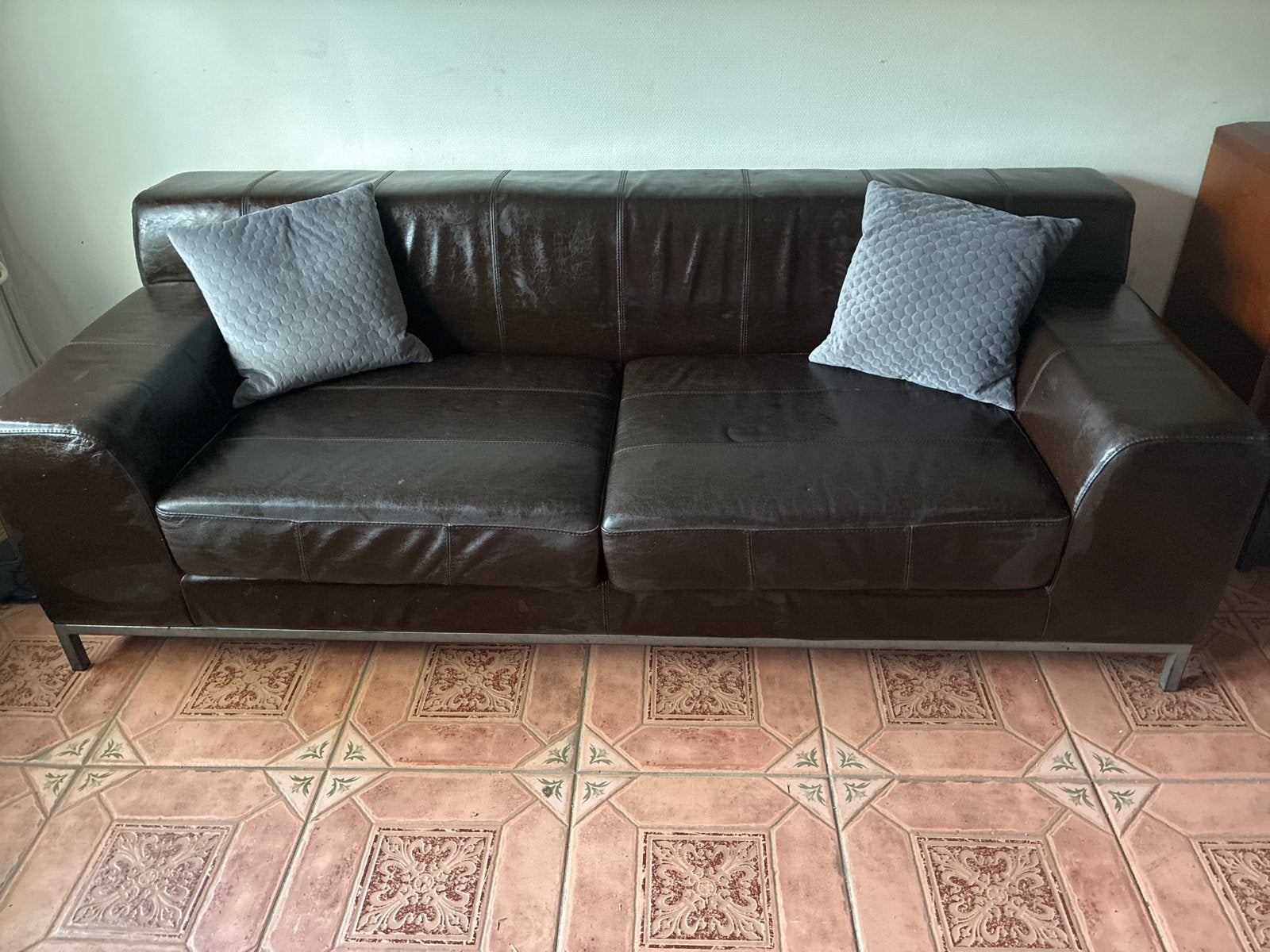 Bruine leren IKEA bank - 220x90 cm, Huis en Inrichting, Ophalen, Gebruikt, Driepersoons, Rechte bank