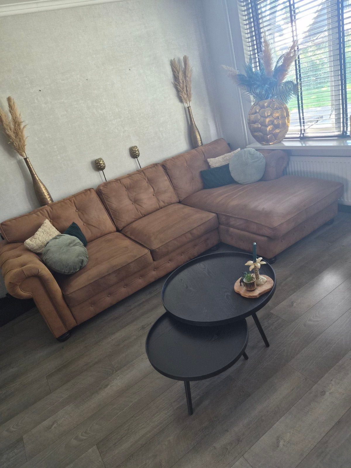 Bruine hoekbank met chaise longue - Gebruikt, Modern, Comfortabel, Gebruikt, Hoekbank, 300 cm of meer