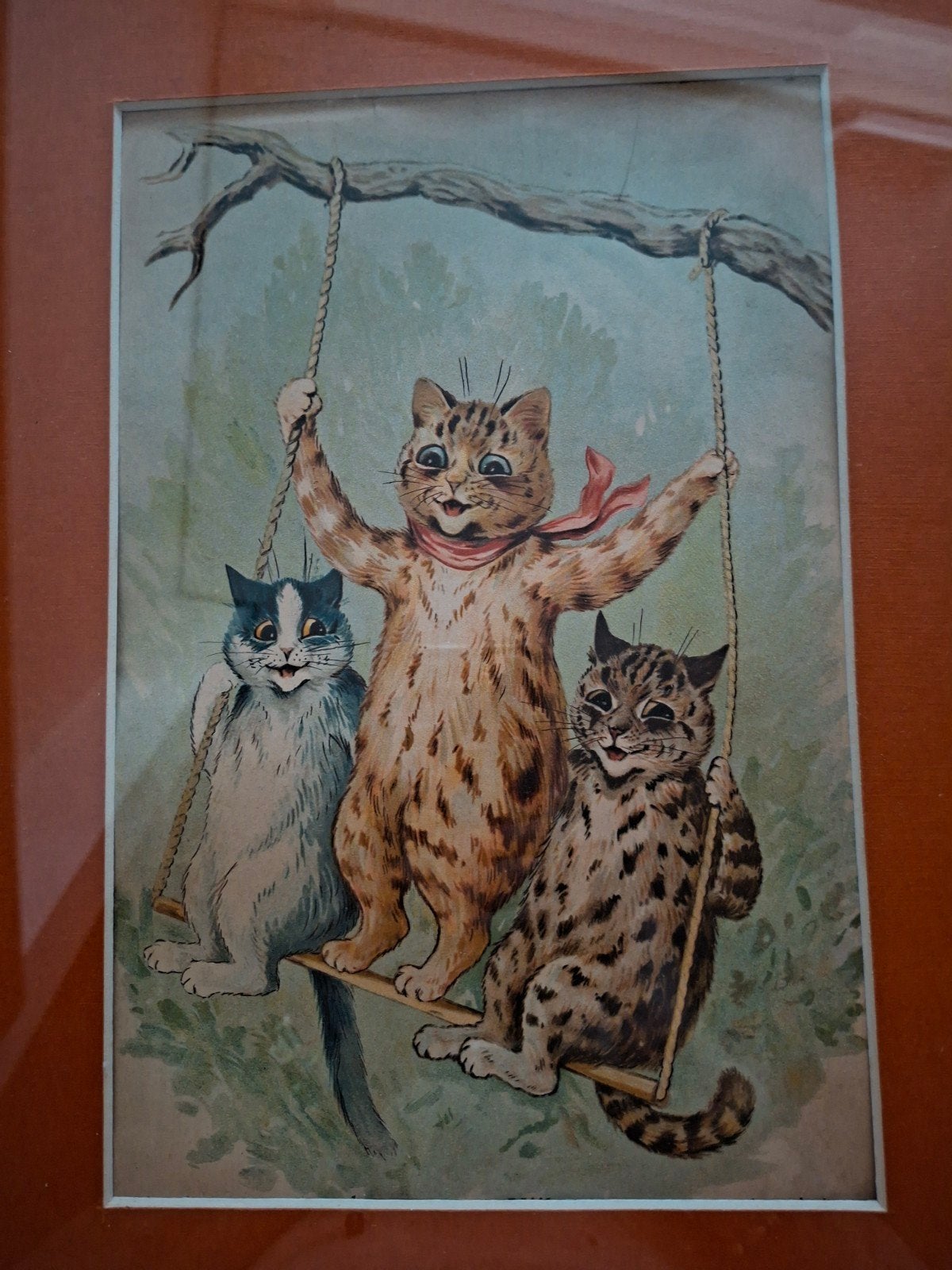 Vintage Litho: Drie Katten op Schommel, ca. 1910, Ophalen of Verzenden