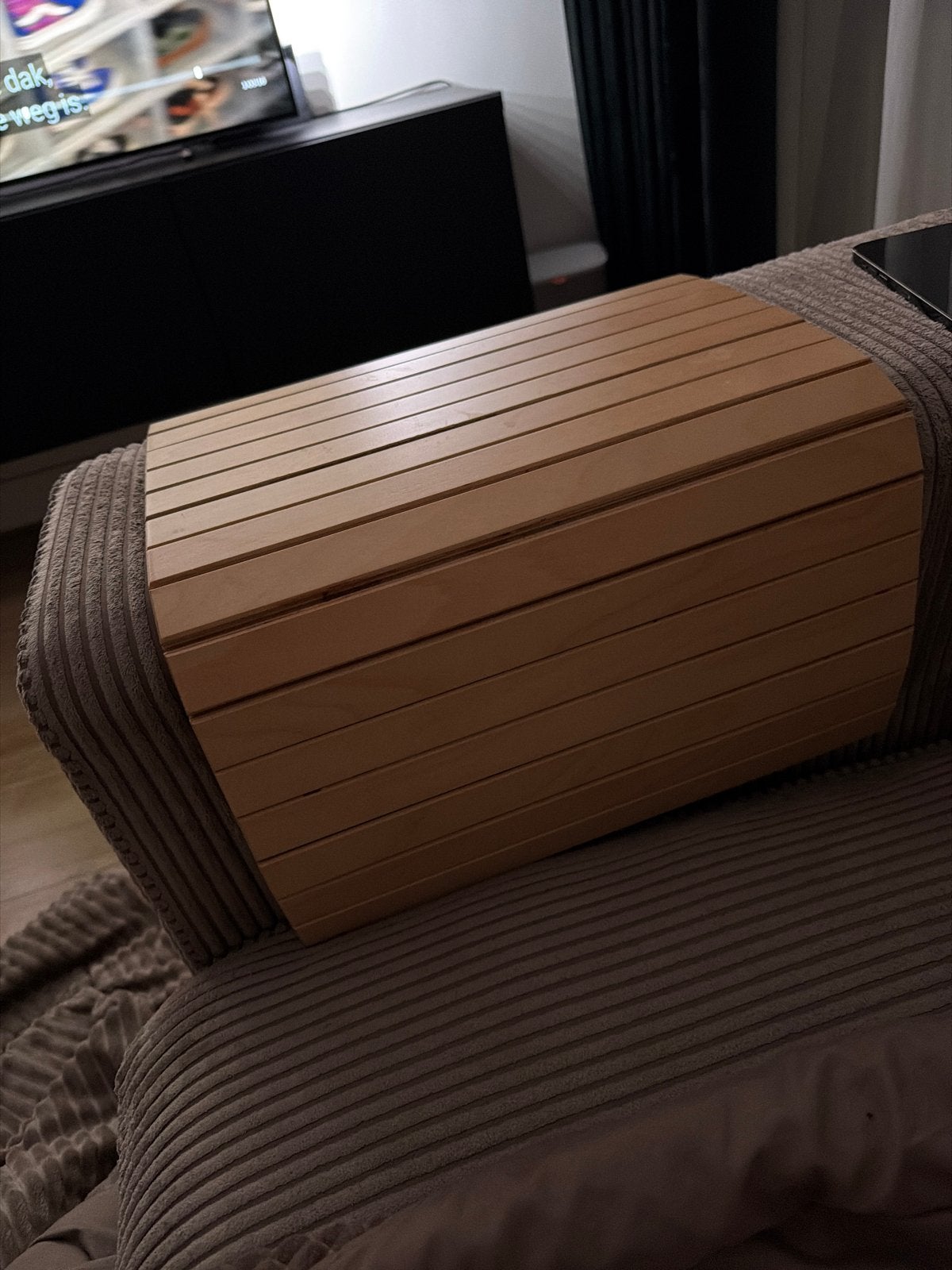 2x Houten bankje/dienblad voor bank, Ophalen, Gebruikt, Bruin, Hout