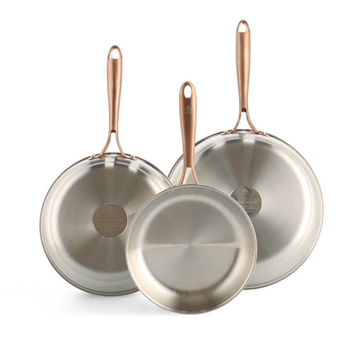 BK Rose RVS Pannenset - 3 Koekenpannen met Koperen Handvat, Ophalen of Verzenden, Zo goed als nieuw, Rvs, Pannenset