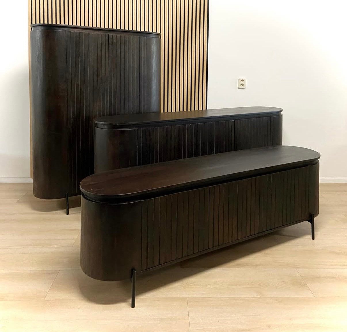 Mokka Japandi serie - Dressoir TV meubel wandkast bruin, Nieuw, 25 tot 50 cm, Japandi bruin retro ovaal mokka eettafel, Ophalen