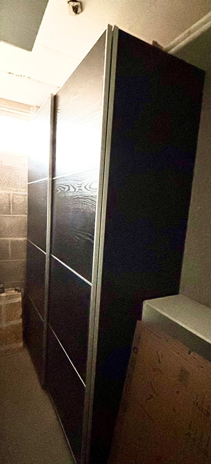PAX kast zwart ‘eikenhout’, Ophalen, Gebruikt, 200 cm of meer, Met plank(en)