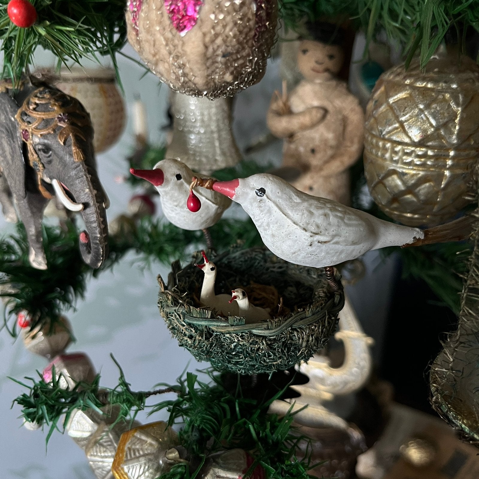 Zeldzaam - Oude antieke kerstbal vogelnestje, Ophalen of Verzenden