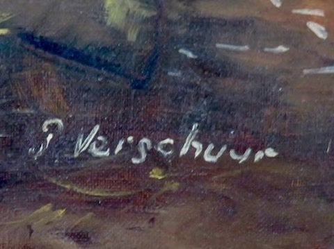 Groot schilderij paarden in stal, gesigneerd P. Verschuur, Antiek en Kunst, Kunst | Schilderijen | Klassiek, Doek, Dieren, Ophalen of Verzenden