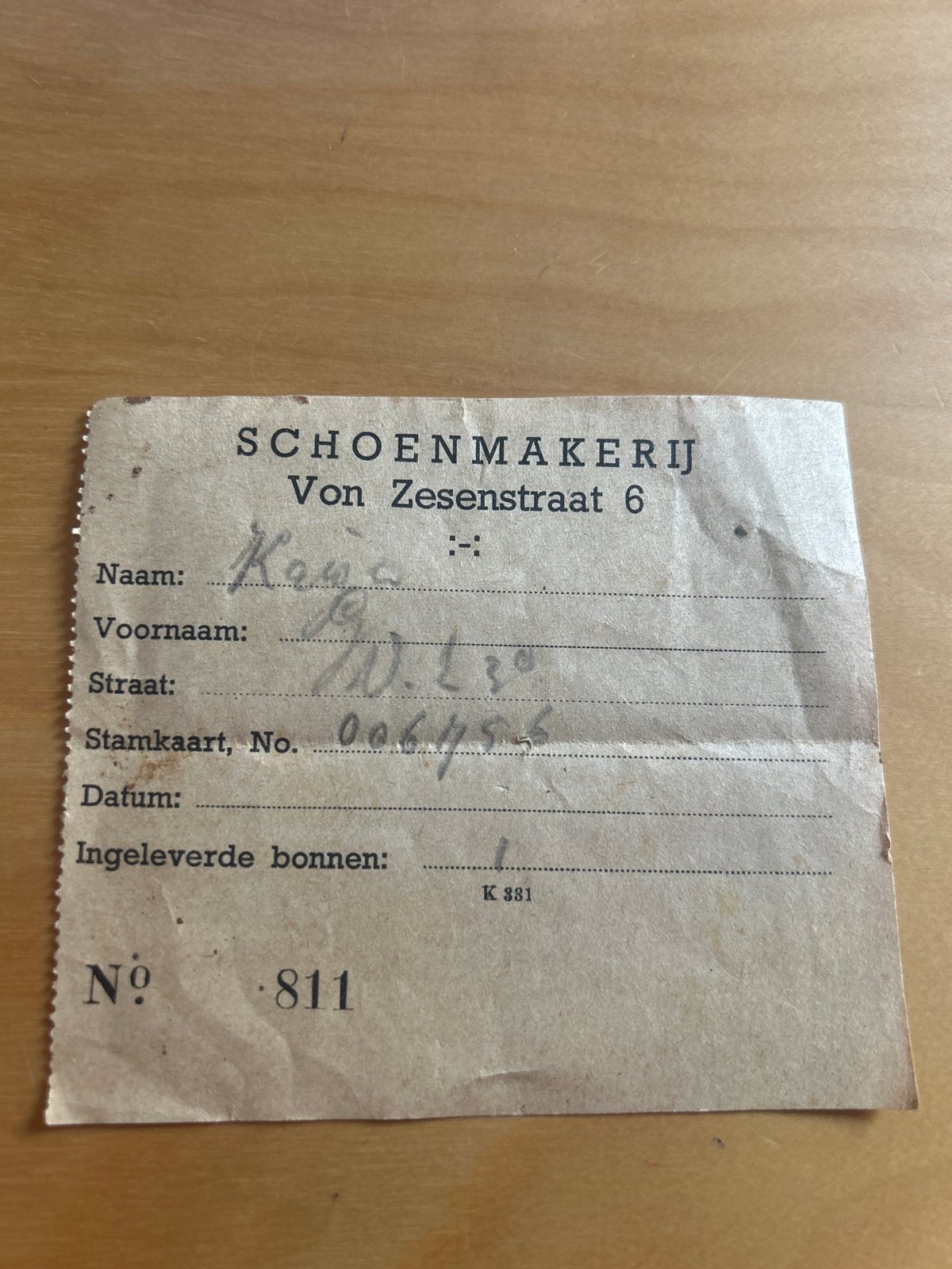 Oud schoenmakerij bonnetje - Von Zesenstraat 6, Ophalen of Verzenden