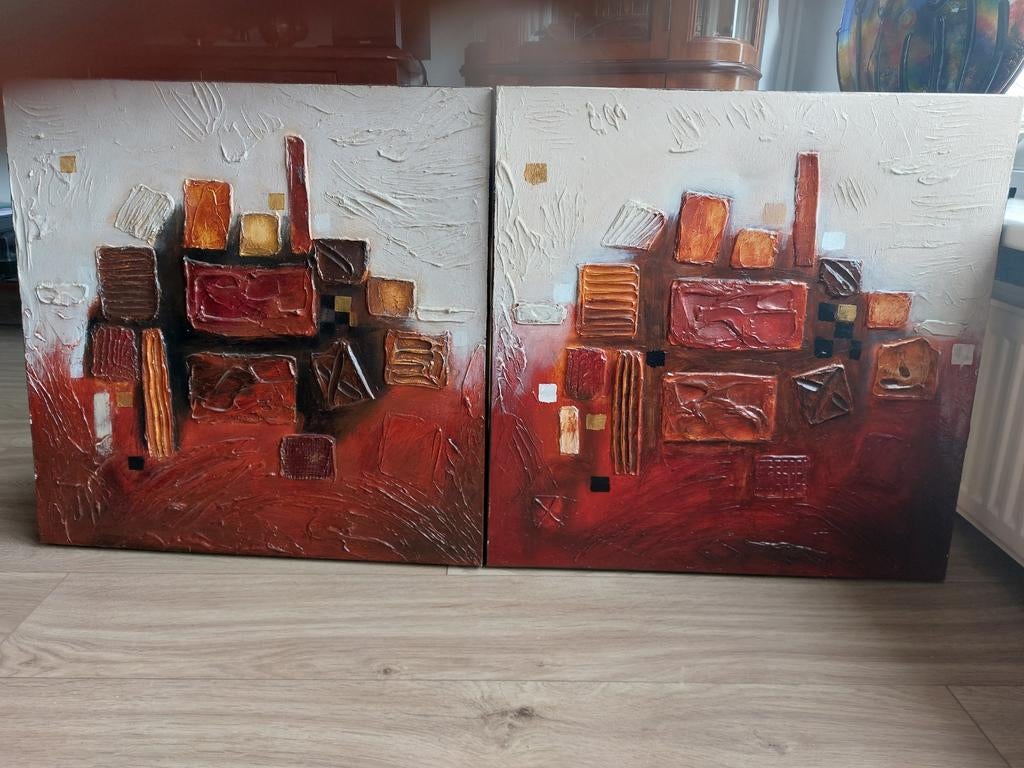 Mooi handgeschilderd tweeluik, abstracte kunst, Ophalen of Verzenden