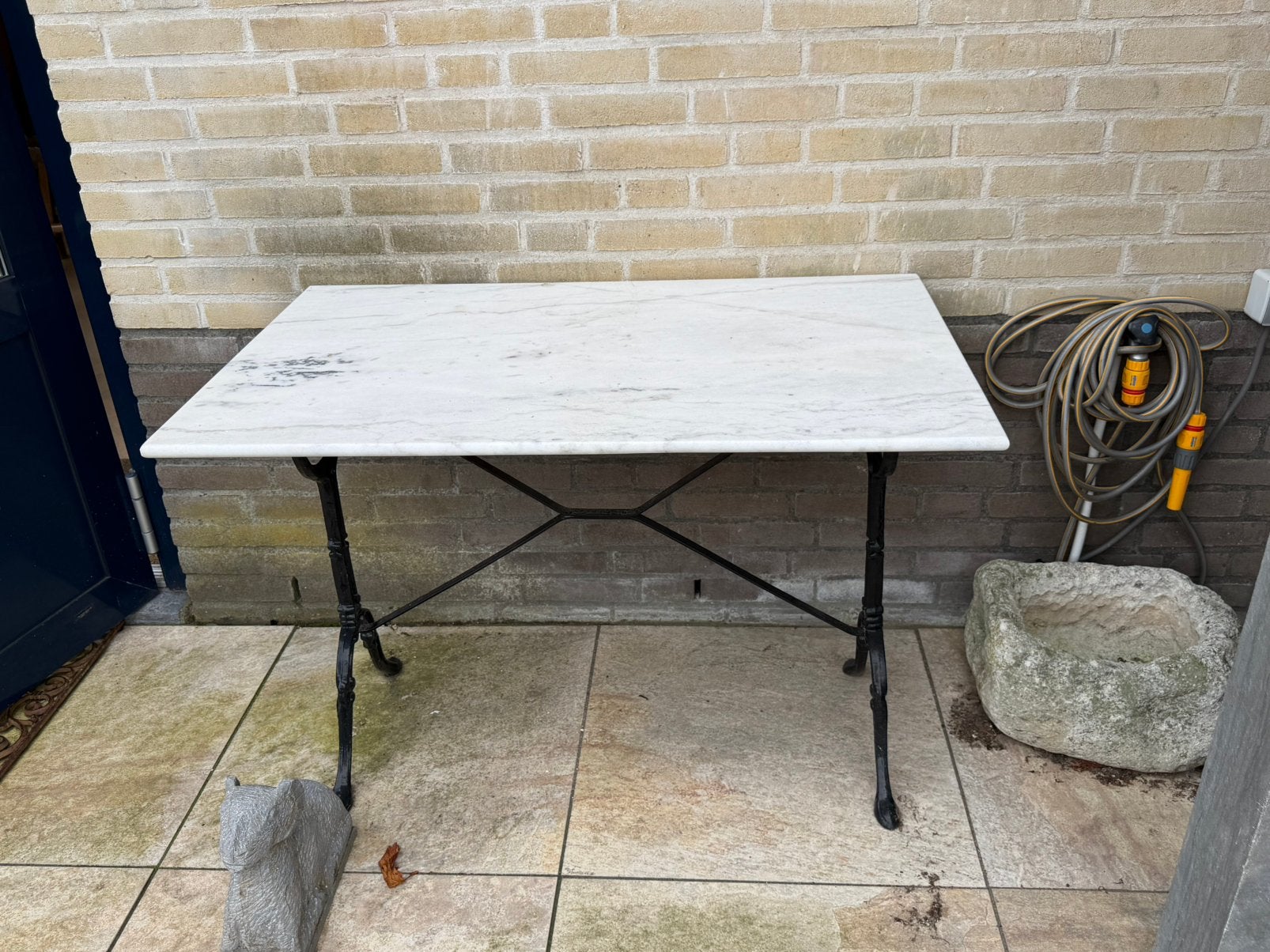 Marmeren Tafel voor buiten 1.00x0.60 met gietijzer frame, Ophalen, Zo goed als nieuw, Rechthoekig