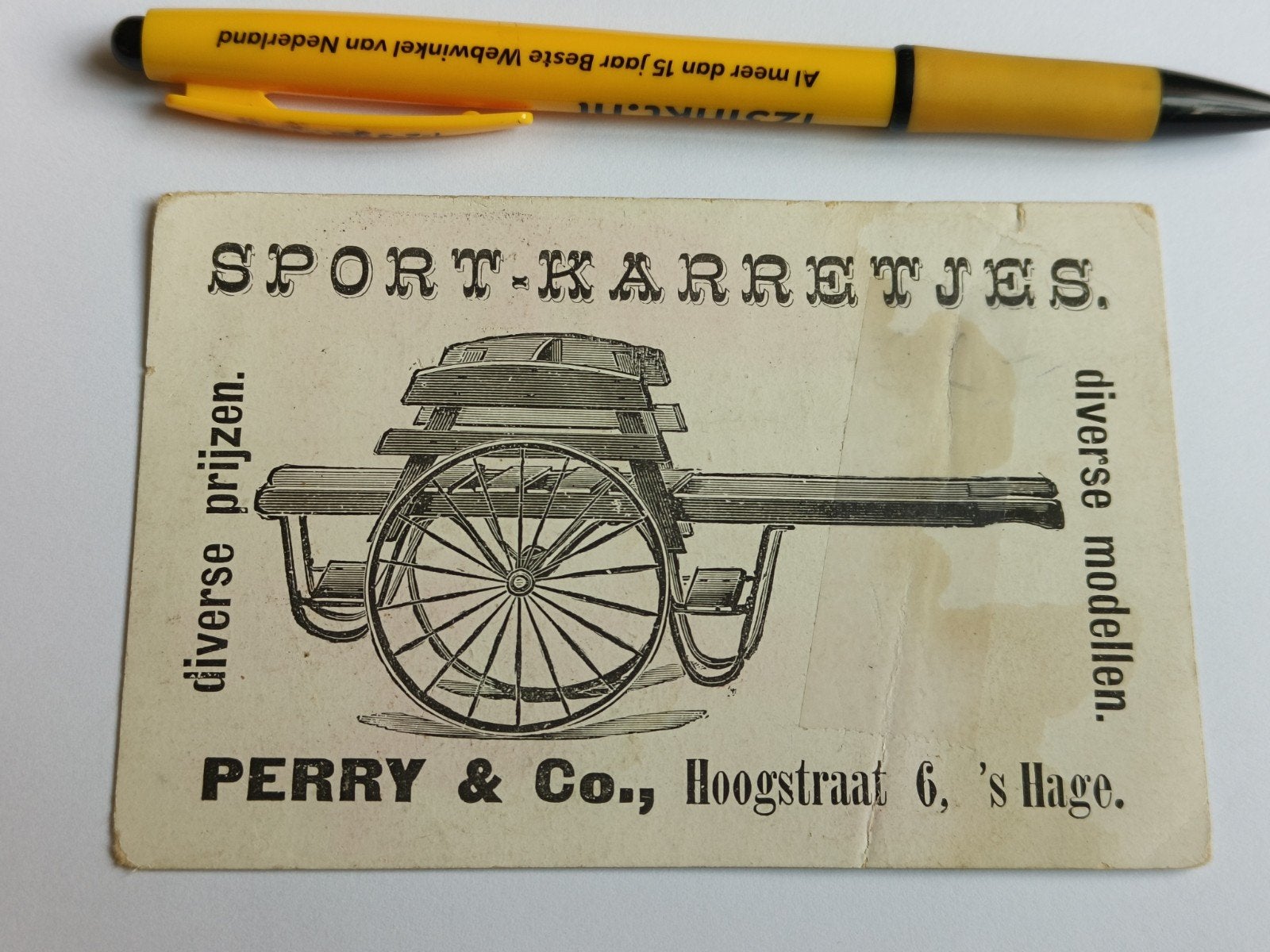 VISITEKAARTJE PERRY & CO., SPORT-KARRETJES, DEN HAAG, Ophalen of Verzenden, Gebruikt, Overige typen
